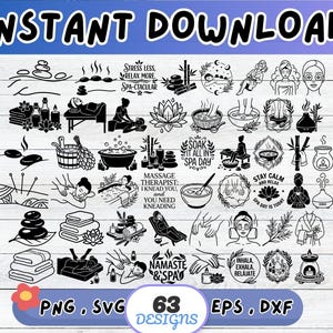 May include: A collection of 63 black and white digital icons featuring spa and wellness themes, including massage, hot stones, lotus flowers, bath products, and text phrases like "Stress Less, Relax More" and "Stay Calm and Relax" on a white background.