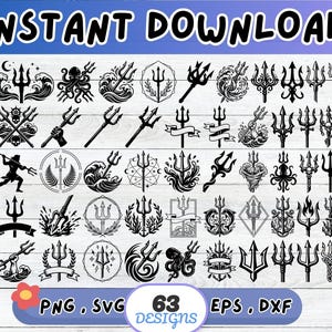 May include: A digital download graphic featuring 63 trident designs in various styles. The tridents are black and white, with designs including waves, octopuses, and geometric shapes. Text at the top reads "INSTANT DOWNLOAD". The image also includes file type information.