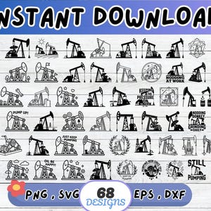 May include: A collection of 68 black and white digital graphic designs featuring oil pump jacks in various styles. The set includes illustrations of pump jacks with text such as PUMP UP, NODDING AT WORK, KEEPING THE PRESSURE ON, GRINDING DAILY, OIL BE HAPPY, and STILL PUMPING.