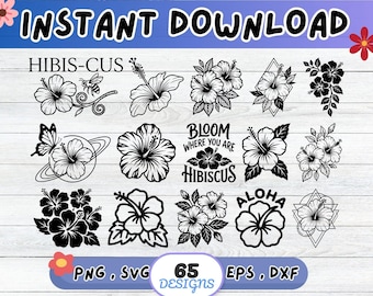 Hibiscus Flower SVG Bundle, Hibiscus Flower SVG Cut File for Cricut Silhouette | Sublimation PNG, Stencil, Wall Art, Paper Cut