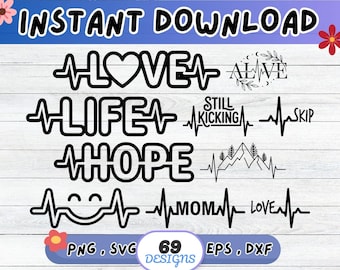 Heartbeat Line SVG Bundle, Heart Monitor SVG Cut File for Cricut Silhouette | Sublimation PNG, Stencil, Wall Art, Paper Cut