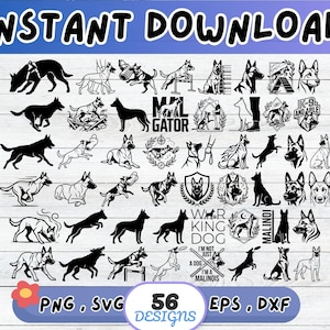 May include: A digital collection of 56 black and white graphic illustrations featuring Belgian Malinois dogs in various poses, including running, jumping, and portraits. The set includes text elements like MALIGATOR, WORKING DOG, and I'M NOT JUST A DOG I'M A MALINOIS.