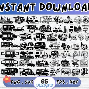Könnte beinhalten: Eine Sammlung von 65 schwarzen Silhouetten-Grafikdesigns mit verschiedenen Campern, Wohnmobilen, Wohnwagen und Camping-Szenen, inklusive Textelementen wie Happy Camper, Camping Is My Happy Hour und Home Is Where You Park It.