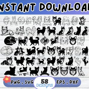 May include: A digital download graphic featuring 58 dog designs in various poses and styles. The designs include silhouettes, line drawings, and detailed illustrations of different dog breeds. The text "INSTANT DOWNLOAD" is at the top.