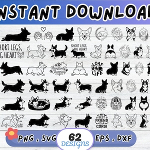 Könnte beinhalten: Eine Sammlung von 62 schwarz-weißen digitalen Grafikdesigns mit Corgi-Hunden in verschiedenen Posen, Silhouetten und künstlerischen Stilen. Das Set enthält Textelemente wie Short Legs, Big Heart, Loaf Life und My Best Friend is a Corgi.