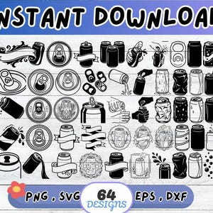 May include: A digital download graphic set featuring 64 black and white designs of beverage cans. The designs include various can illustrations, including open cans, pouring cans, and crushed cans. The text "INSTANT DOWNLOAD" is at the top.