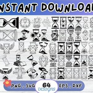 May include: A collection of 64 black and white digital hourglass designs in various styles, including winged, floral, and skull motifs. Some feature text such as Time Waits For No One, Time Flies Sand Dries, Tempus Time Flies Fugit, and Make Every Grain Count.