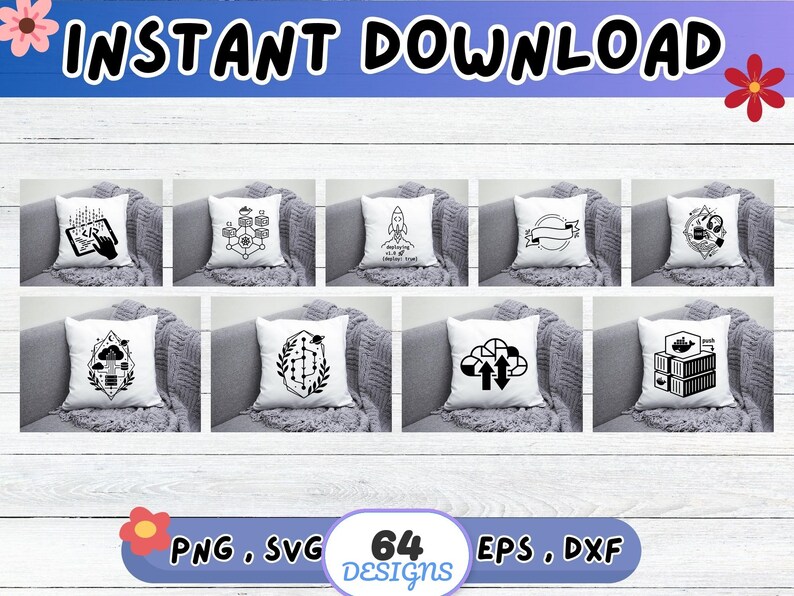 Peut inclure: Plusieurs coussins blancs avec des motifs graphiques noirs, dont une fus&eacute;e et un nuage, dispos&eacute;s sur un canap&eacute; gris. Les mots "INSTANT DOWNLOAD" sont en haut, et "PNG, SVG, 64 DESIGNS, EPS, DXF" sont en bas.
