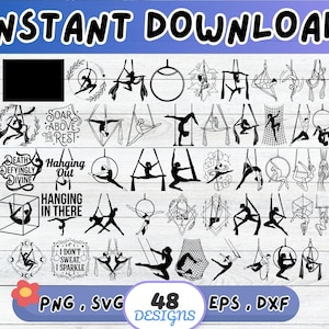 Puede incluir: Una colección de 48 diseños digitales en silueta negra que muestran a acróbatas aéreos en telas, aros y hamacas. Los gráficos incluyen varias poses, marcos geométricos y textos como Soar Above The Rest, Death Defyingly Divine, Hanging Out, Hanging In There y I Don't Sweat I Sparkle.