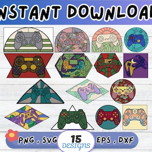 May include: A collection of 15 colorful video game controller designs in various shapes, including triangles, circles, and hexagons. The designs feature stained glass effects and floral accents. Text at the top reads "INSTANT DOWNLOAD".