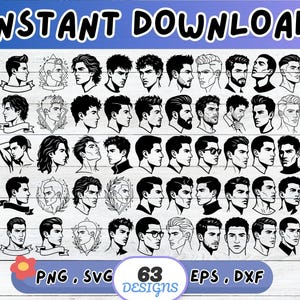 May include: A digital download graphic featuring 63 black and white male face designs with various hairstyles and facial hair. The words "INSTANT DOWNLOAD" are at the top. The image includes the file types: PNG, SVG, EPS, and DXF.