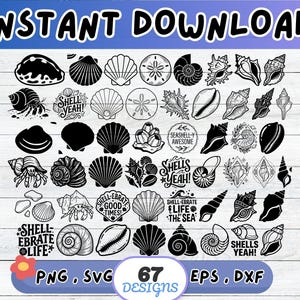 May include: A collection of 67 black and white digital illustrations featuring various seashells, hermit crabs, and sand dollars. Several designs include text such as Shell Yeah, Shell-ebrate Good Times, Shell-ebrate Life of the Sea, and Shells Yeah.