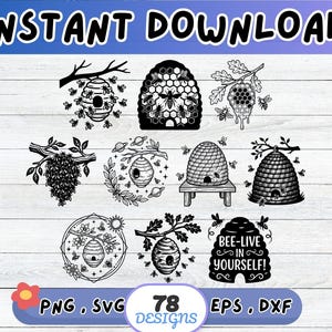 May include: A collection of black and white digital illustrations featuring various beehives, honeycombs, and bees. The designs include hanging hives, skeps on stands, and floral motifs. One design includes the text BEE-LIVE IN YOURSELF.