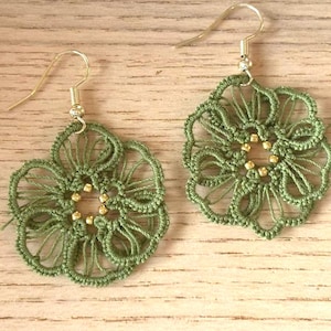 Tatted Lace Flower Earrings: Olive Green Chic Jewelry