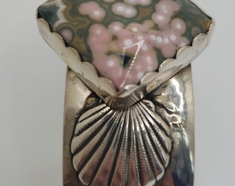 Ocean Jasper Pink Cuff Shell Accented Petite Bracelet Handmade