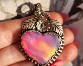 Pink sunset heart opal floral pendant