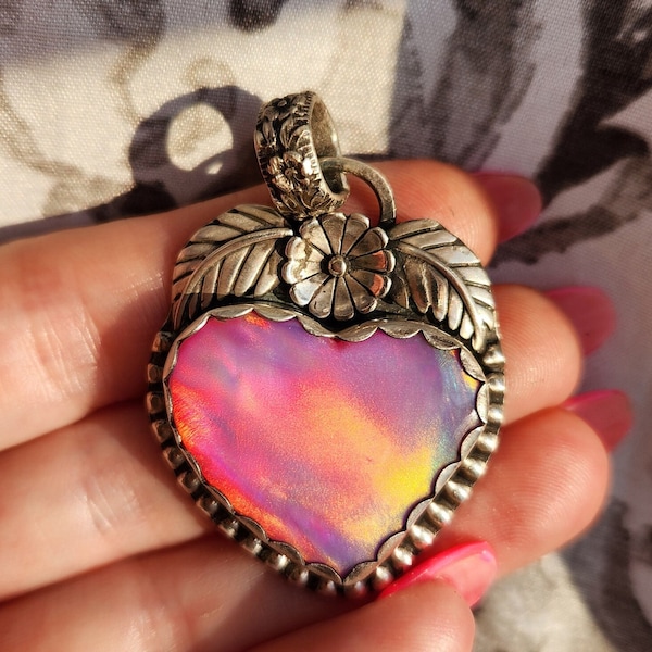 Pink sunset heart opal floral pendant