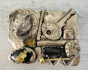 Whimsical Belt buckle sterling silver handmade key fox obsidian amber