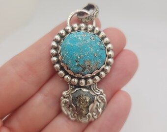 Turquoise and Pyrite pendant sterling silver touch of vintage