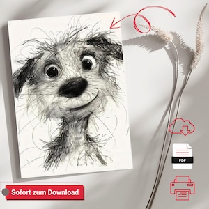 Charming Cartoon Dog Sketch Frameless Digital Illustration PDF PNG, Vintage Style Dog Portrait Poster, Artistic Wall Decor for Home, A4