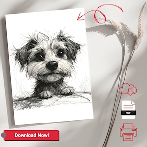 Handgezeichnete Hundeskizze Wandkunst - Süße Welpe Linienzeichnung - Minimalistisches Haustierportrait - Schwarz-Weiß Hund Digitaldruck A4