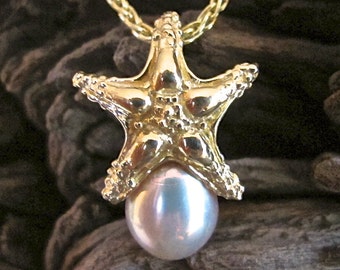 14K Gold Starfish and Fresh Water Pearl Pendant - 210PC