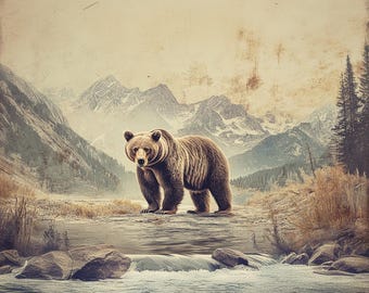 Grizzly Bear Mountain Print: Rustic Wildlife Art (Digital Download)