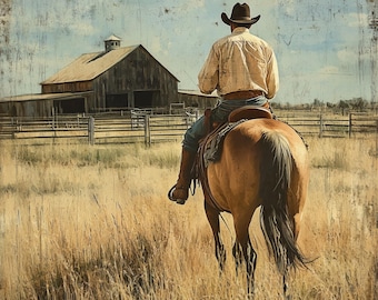 Vintage print cowboy te paard: rustieke ranch, americana muurkunst (digitale download)
