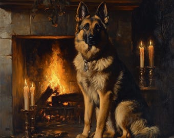 ヴィンテージのジャーマンシェパードの油絵：農家の犬アート（デジタル