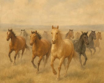 Lámina artística vintage de caballos salvajes: paisaje rústico del oeste (descarga digital)