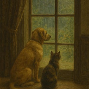 Dog and Cat Looking Out Rainy Window Digital Download – Cozy Pet Wall Art, Vintage Animal Print, Rainy Day Decor, Rustic Home Illustration