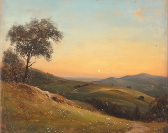 Vintage Sunset Landscape Digital Download – 19th Century Romantic Sky Painting, Antique Nature Wall Art, Golden Hour Print, Instant Download