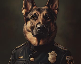 Retrato vintage de oficial K9 de pastor alemán: arte de perro policía de estilo antiguo (descarga digital)