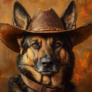 Vintage German Shepherd Cowboy Portrait – Western Dog Art, Rustic Wild West Decor, Old West Oil Painting Print, Farmhouse Wall Art