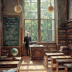 May include: A vintage classroom setting with wooden desks, a globe, and a chalkboard with handwritten equations. A man in a suit stands by a desk, looking out the window. Sunlight streams through the window, illuminating the room.