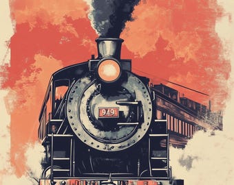 Vintage Steam Train Art Print: Retro Locomotive Illustration (Digital Download)