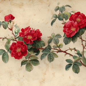 Vintage Red Rose Botanical Art Print – Antique Floral Wall Decor, Elegant Flower Illustration Digital Download, Victorian Garden Poster