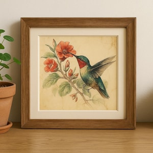 Vintage Hummingbird Botanical Print Digital Download | Floral Nature Art | Antique Bird Illustration | Rustic Garden Wall Decor