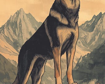 ヴィンテージのジャーマンシェパードの油絵：農家の犬アート（デジタル