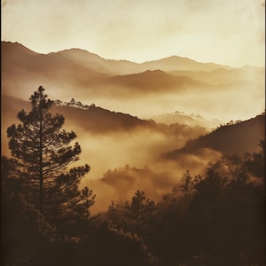 Golden Mountain Mist Landscape – Serene Nature Photography Print – Foggy Hillside Wall Art – Tranquil Forest Digital Download