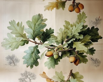 Vintage Oak Tree Botanical Print: Acorn Branch Antique Illustration (Digital Download)