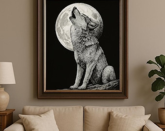 Howling Wolf Moon Print: Black and White Wildlife Art (Digital Download)
