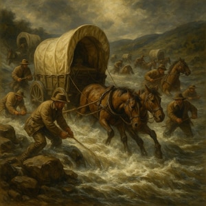 Impresión artística de la Ruta de los Carros Pioneros: Cruce del Río Oregon Trail, descarga digital, decoración de pared de la Frontera Occidental, póster de la Granja de Carros Cubiertos