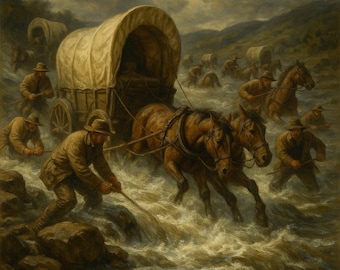 Oregon Trail Art Print: Pioneer Wagon River Crossing (Digital Download)