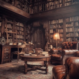 May include: A detailed interior shot of a classic library with dark wood paneling, bookshelves, and leather armchairs. A wooden desk, round table, and a library ladder are also visible. The room is lit by a warm lamp and natural light.
