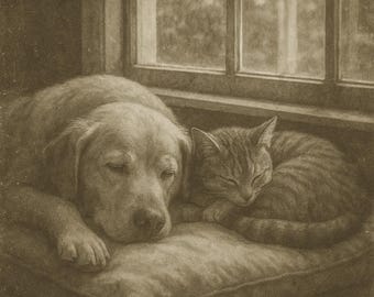 Vintage Dog and Cat Sepia Print: Cozy Pet Portrait (Digital Download)