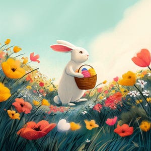 Lapin de Pâques avec panier en téléchargement numérique - Art mural printanier de fleurs sauvages, chasse aux œufs de Pâques mignon, décoration de chambre d&#39;enfant