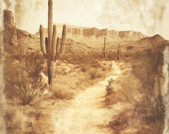 Vintage Sepia Desert Landscape Print: Old-World Cactus Art (Digital Download)