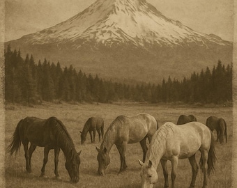 Impresión vintage de caballos salvajes en la montaña: paisaje sepia del oeste (descarga digital)