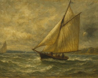 Vintage Sailboat Seascape Art Print: Stormy Nautical Painting (Digital Download)
